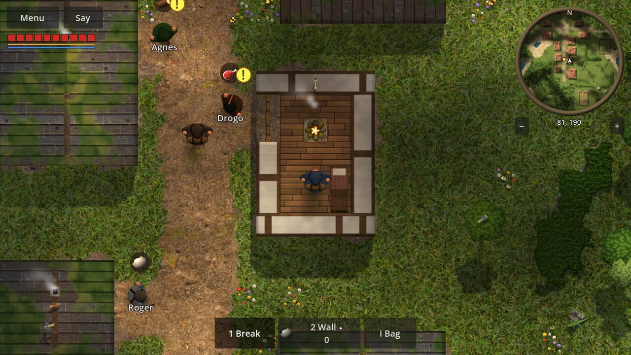A village by day: a timber house, villagers by their doors, and the player with a second wayfarer
