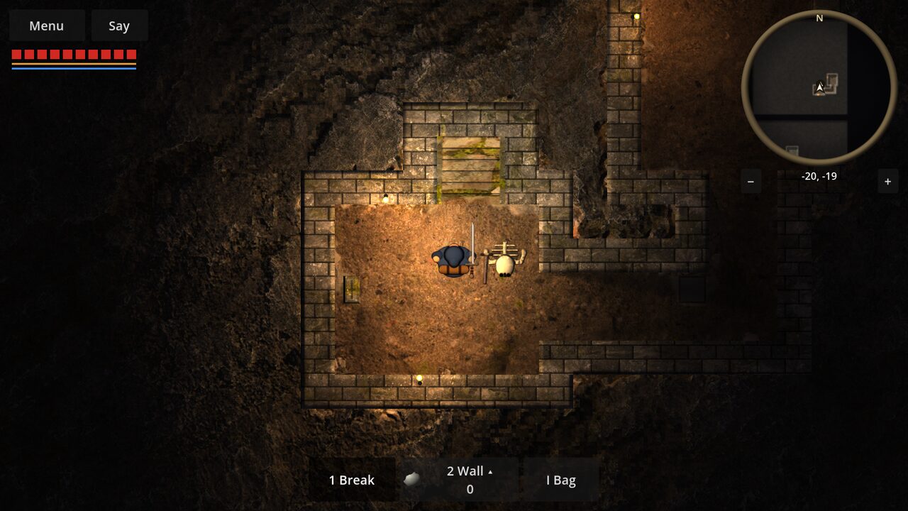 Down a ruin's stairs by torchlight, a skeleton waiting