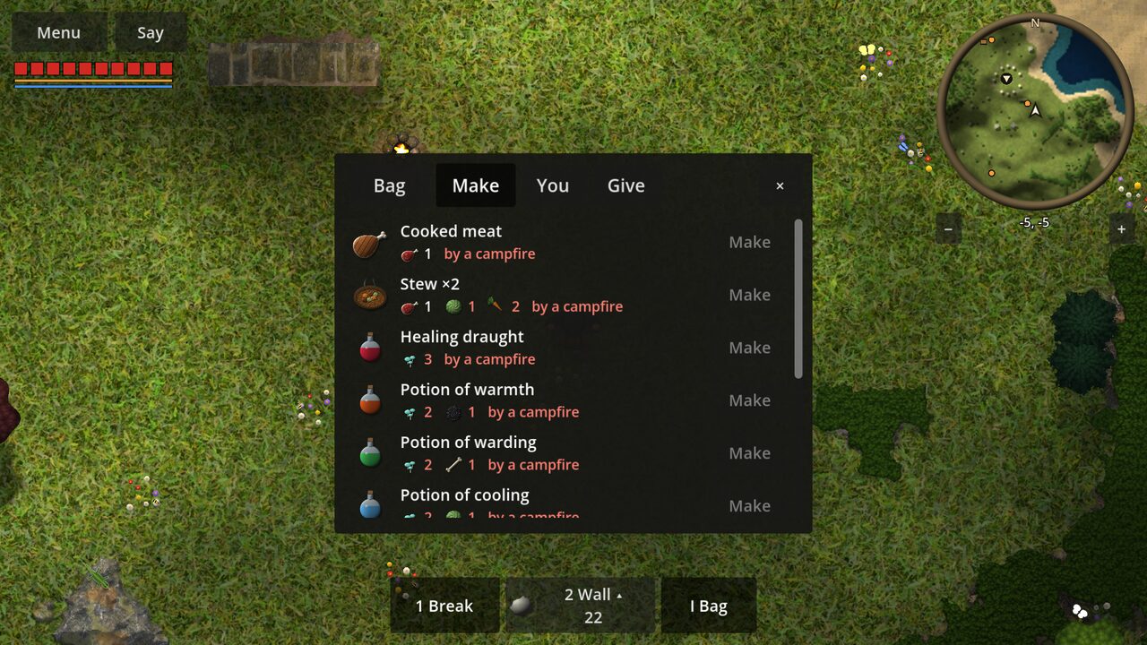 The bag open on its Make tab, listing cooked meat, stew and potions